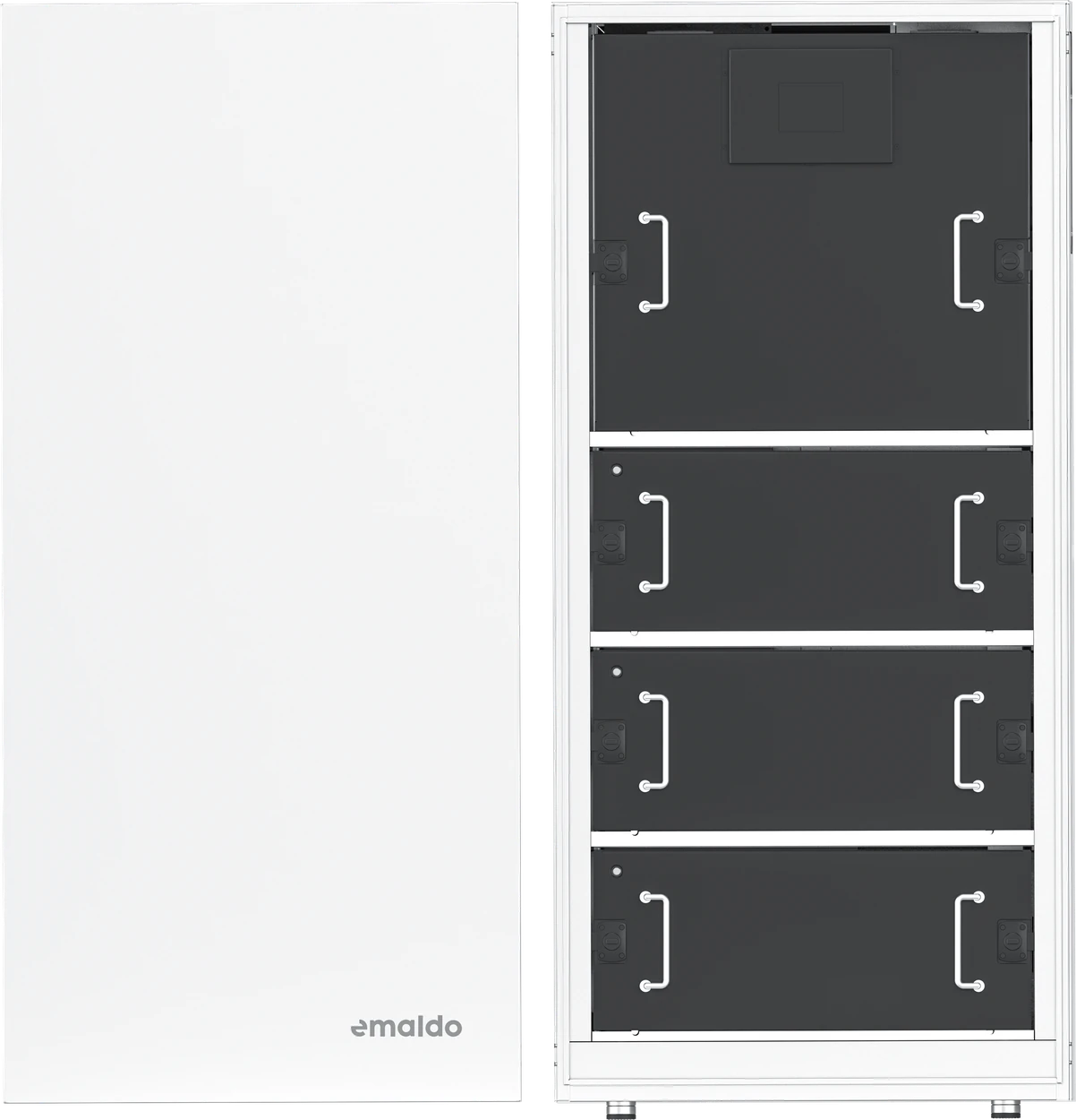 Emaldo Power Store med frontpanelen avtagen, växelriktaren överst och 3 x Power Box monterade, alltså 15,36 kWh