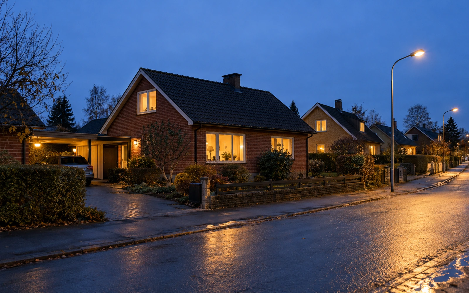 En vanlig höstkväll i ett skånskt villaområde, alla hus har ljus