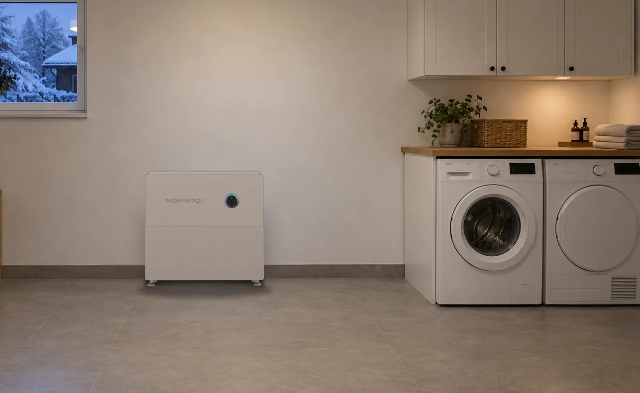 SigenStor Neo med styrenhet och en batterimodul, installerad mot väggen i en tvättstuga